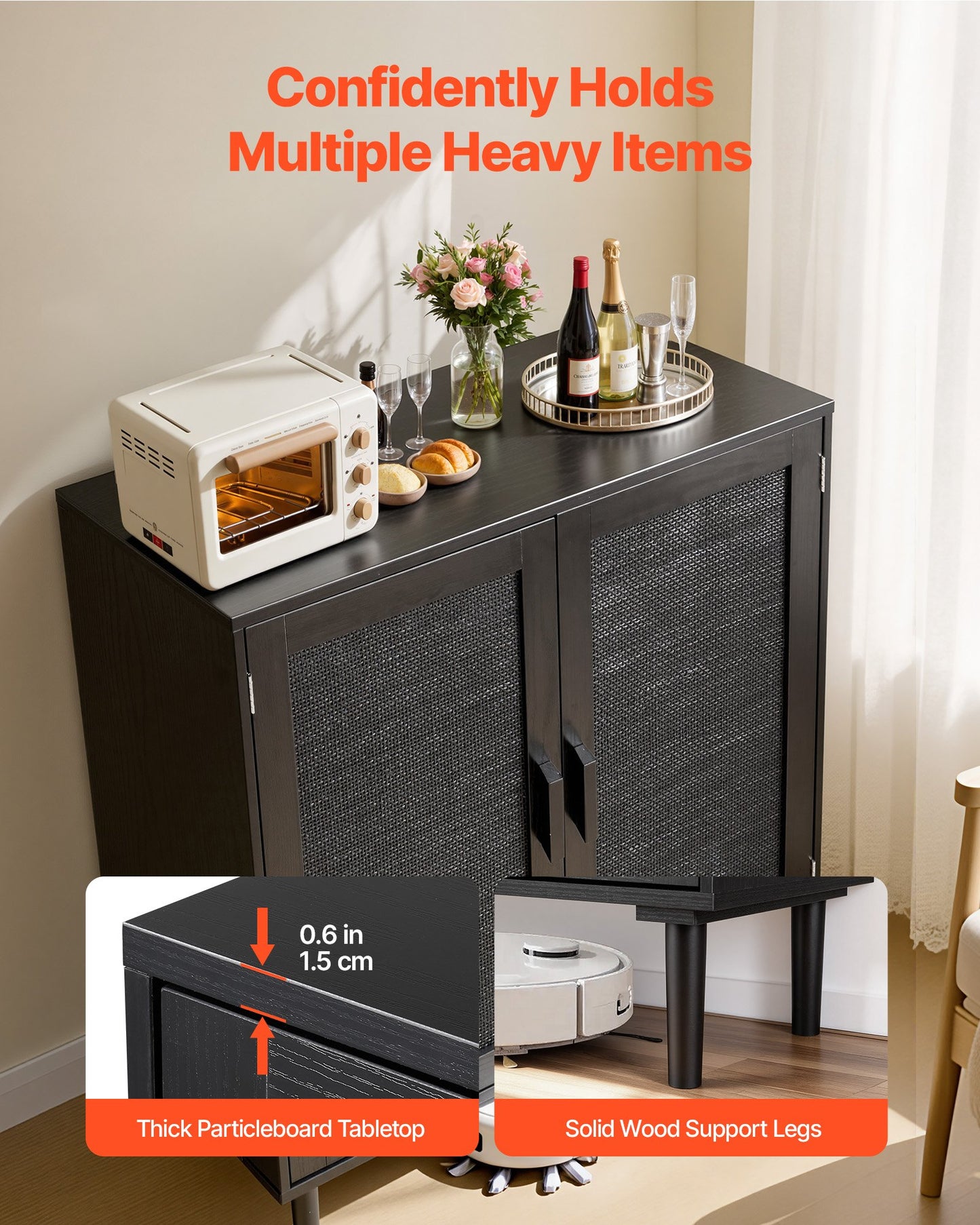 Black Rattan Storage Cabinet with Magnetic Doors & Adjustable Shelves