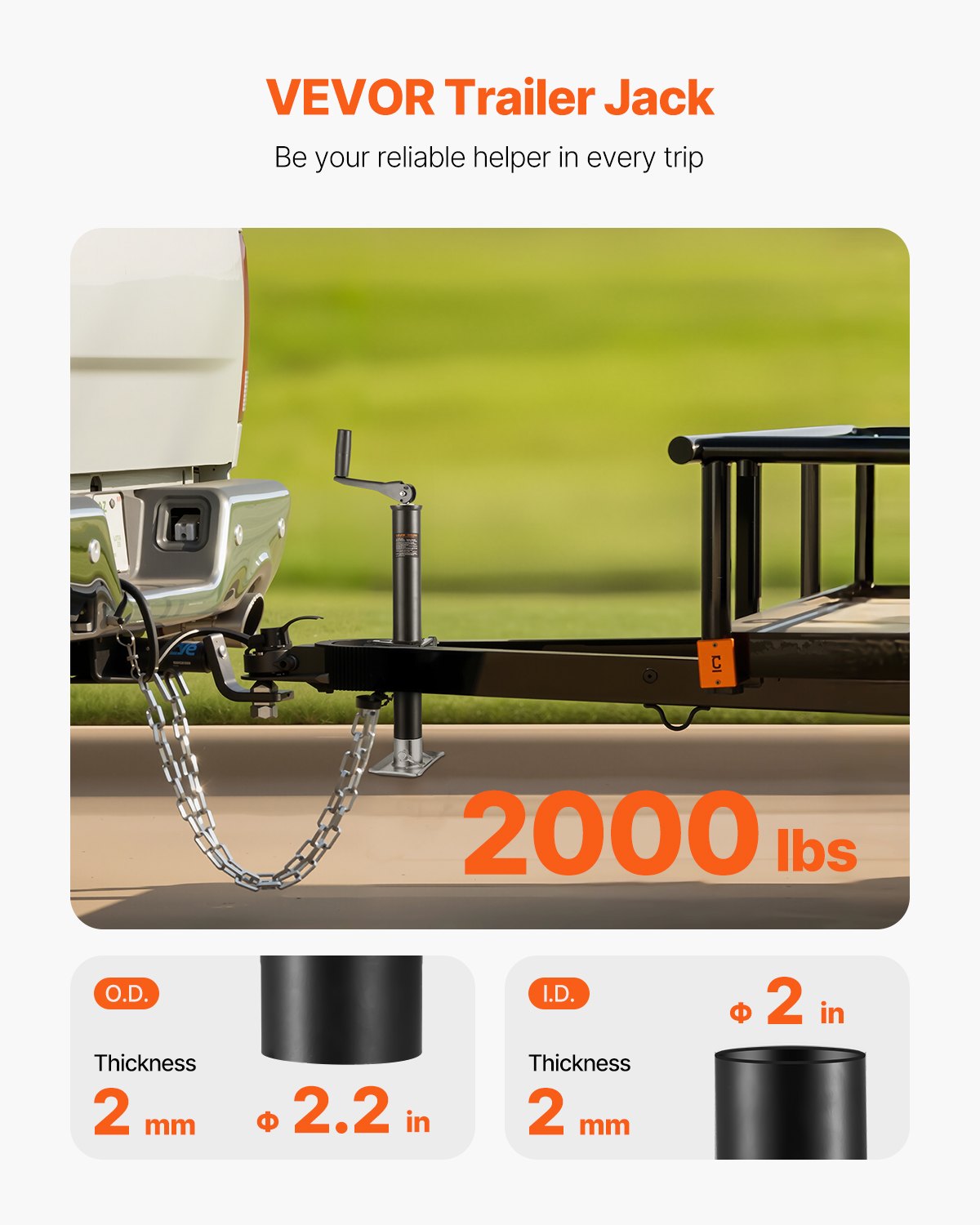Heavy-Duty A-Frame Trailer Jack 2000 Lb Capacity with Handle & Rectangular Footpad - 15-Inch Travel