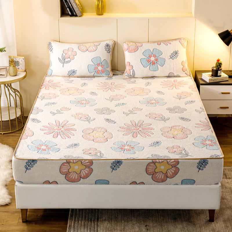 Thickened Snow Fleece Bed Sheet Set Digital Print Warm Bedding