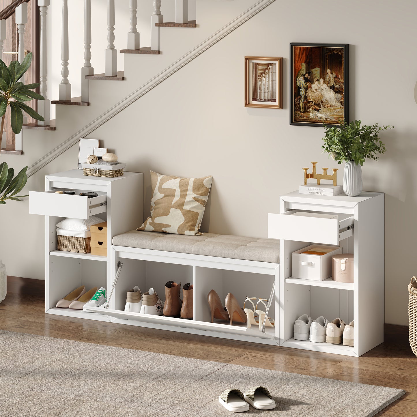 All-in-One Entryway Storage Bench with Cushion and Drawers - White