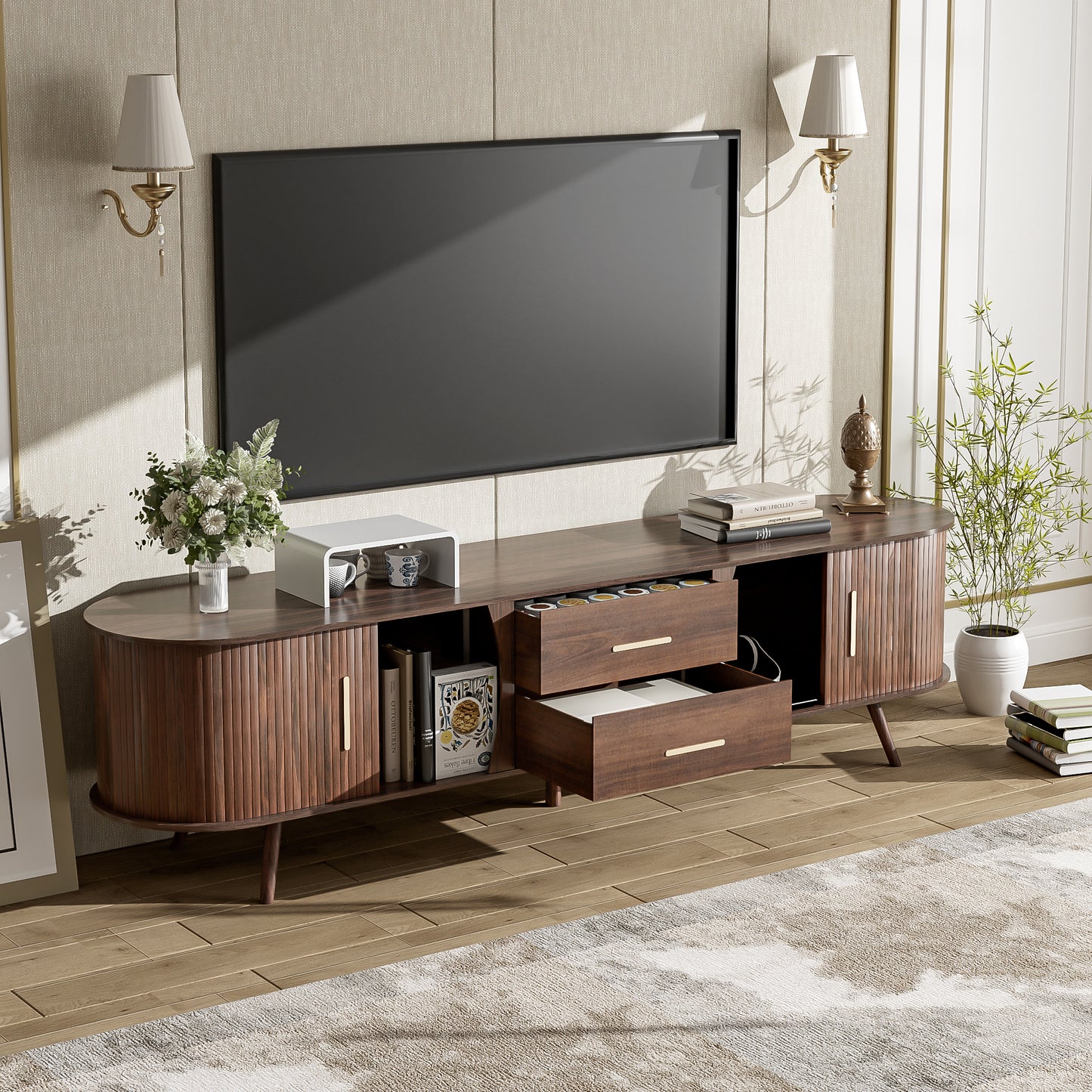 Mid-Century Modern TV Stand for 80" TV, Dark Brown Entertainment Center with 2 Drawers