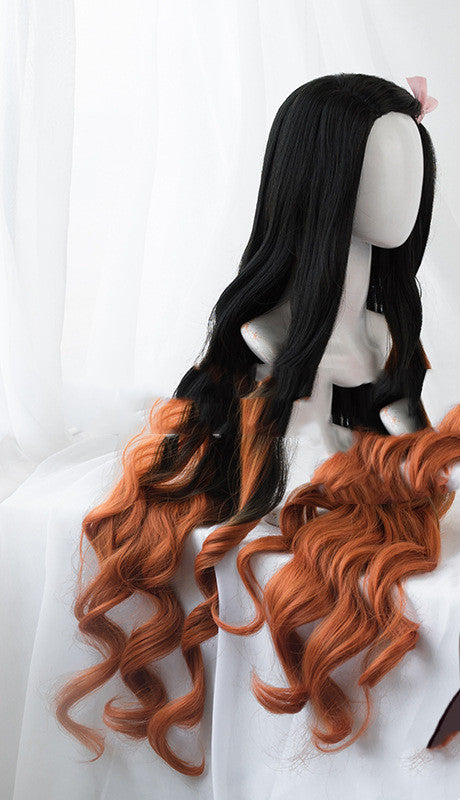 Long Curly Synthetic Wig with Black Gradient Brownish Yellow Hair