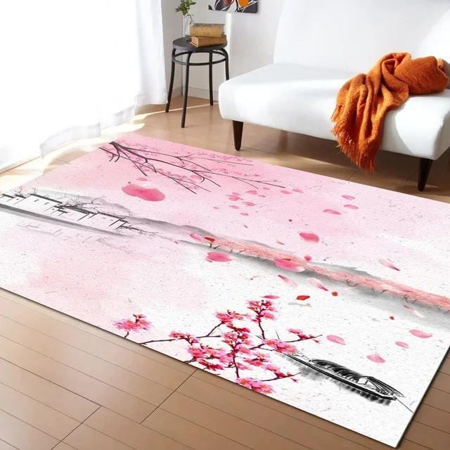 Pastel Cherry Blossom and Crescent Moon Non-Slip Flannel Floor Mat - Home Rug