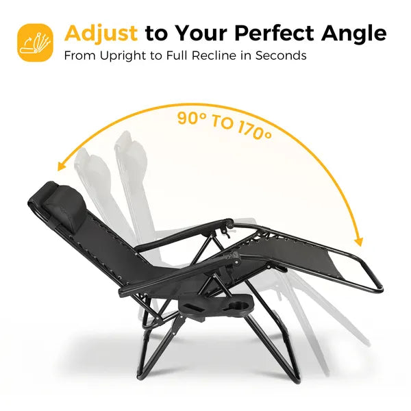 Set of 2 Folding Reclining Lounge Chairs with Cup Holder & Pillow