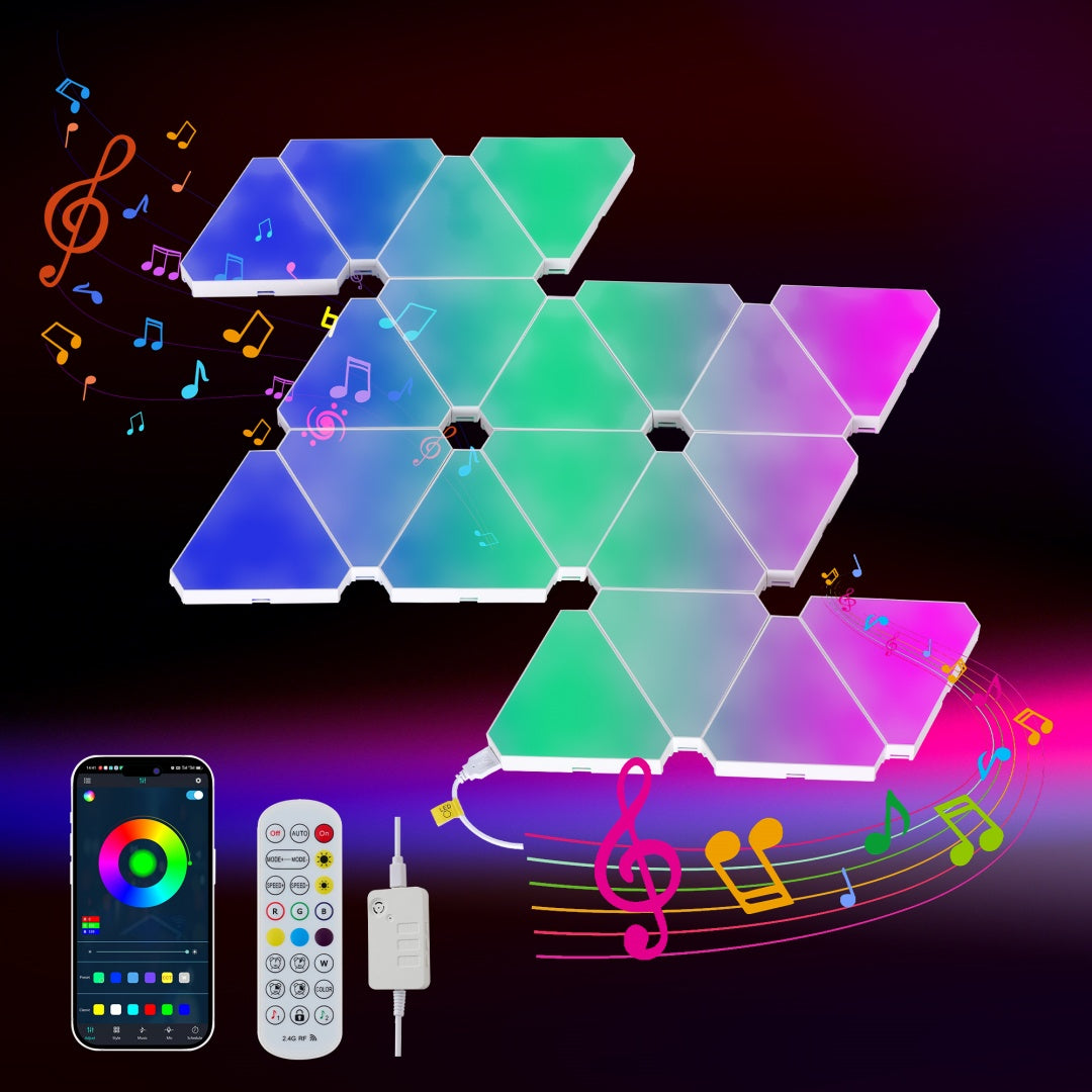 Triangular RGB LED Wall Lights 20-Pack with App & Remote - Music Sync Gaming Decor