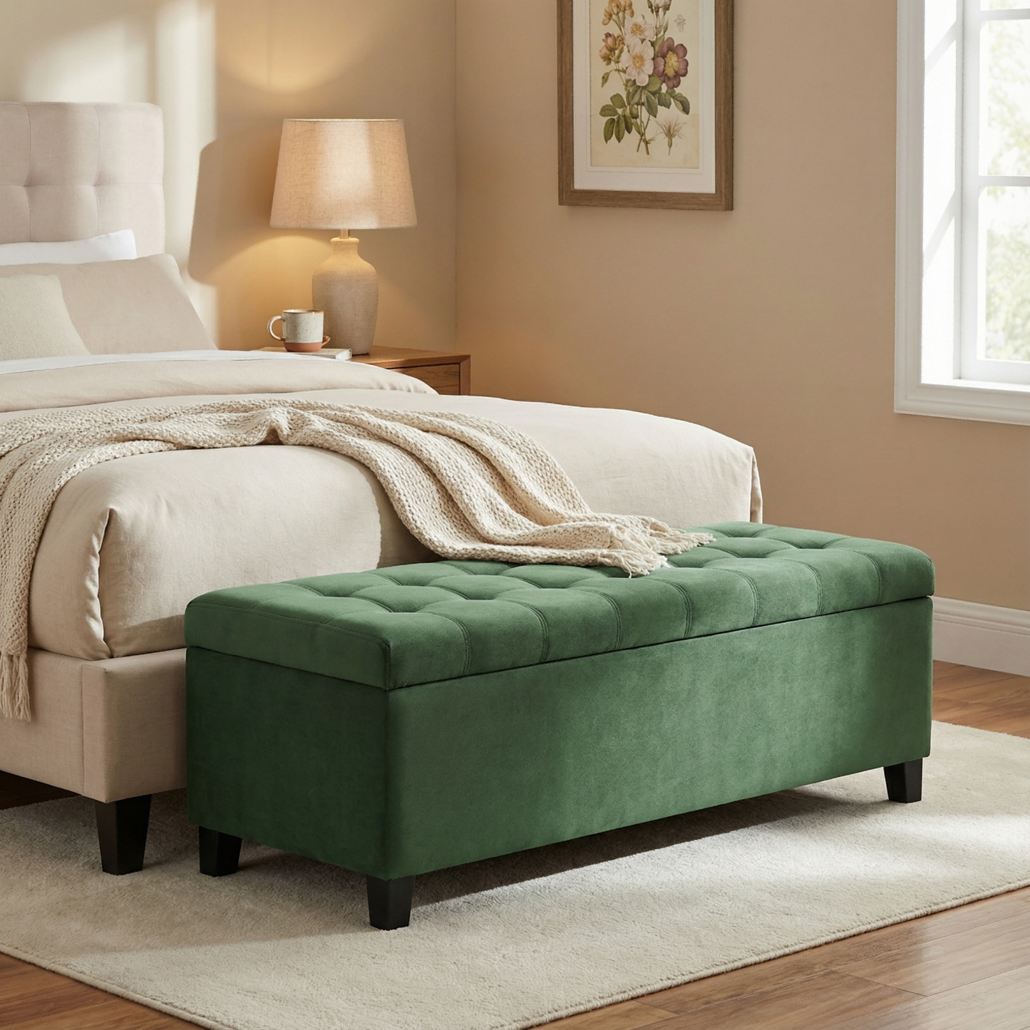Upholstered Storage Ottoman Bench - Retro Green, 300lbs Capacity