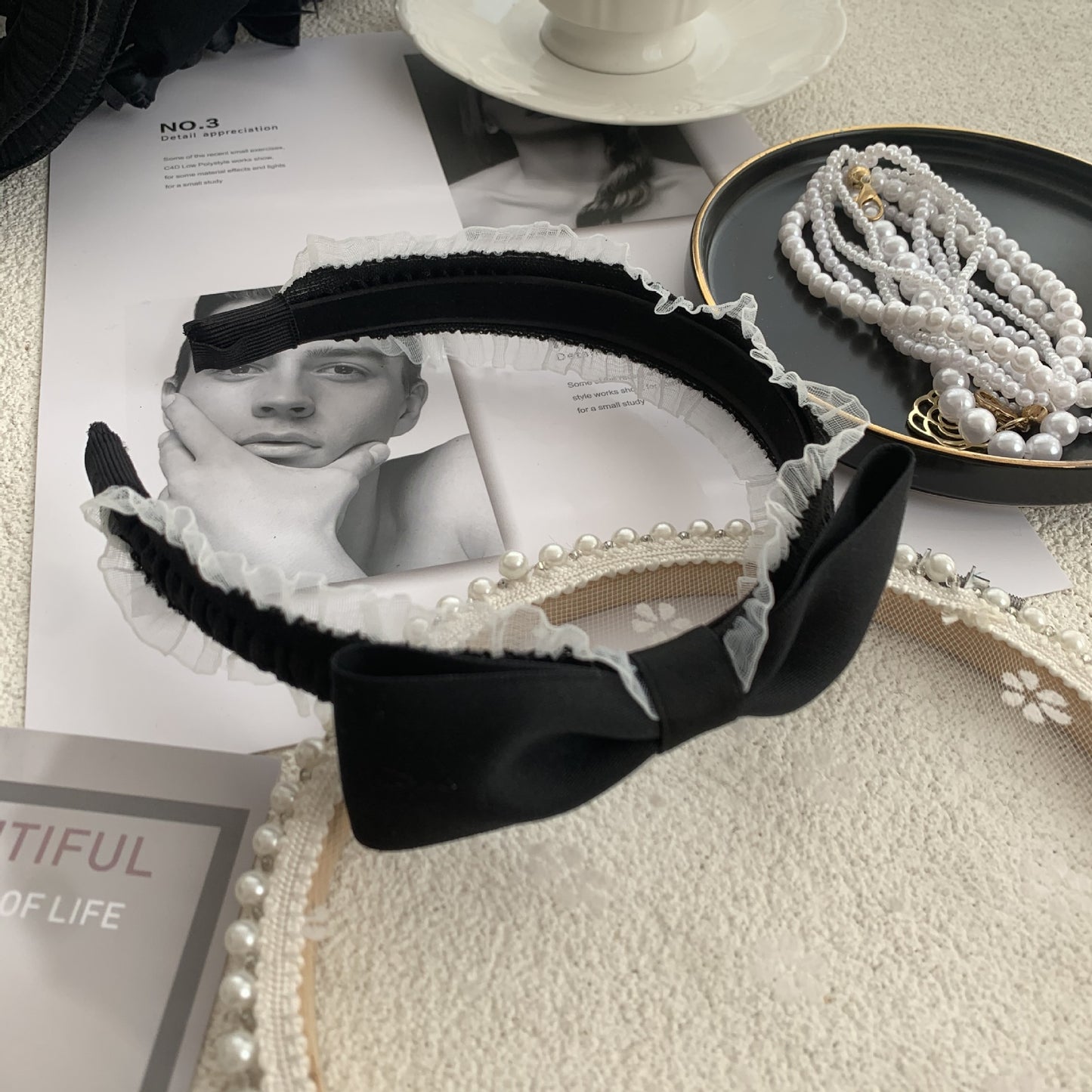 Black Rhinestone Hair Hoop - Exaggerated Wooden Ear Headdress for Hair Styling