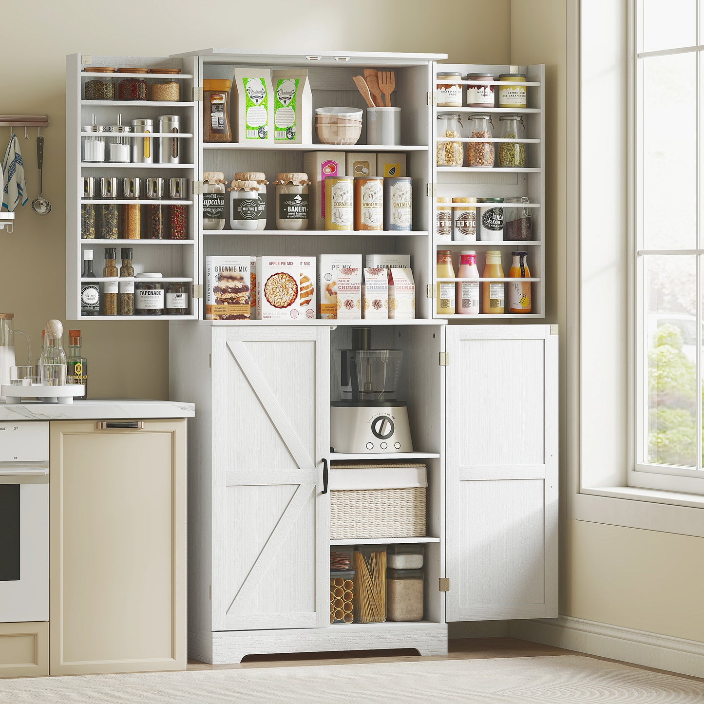 Farmhouse Kitchen Pantry Cabinet - 72" Tall with Barn Doors