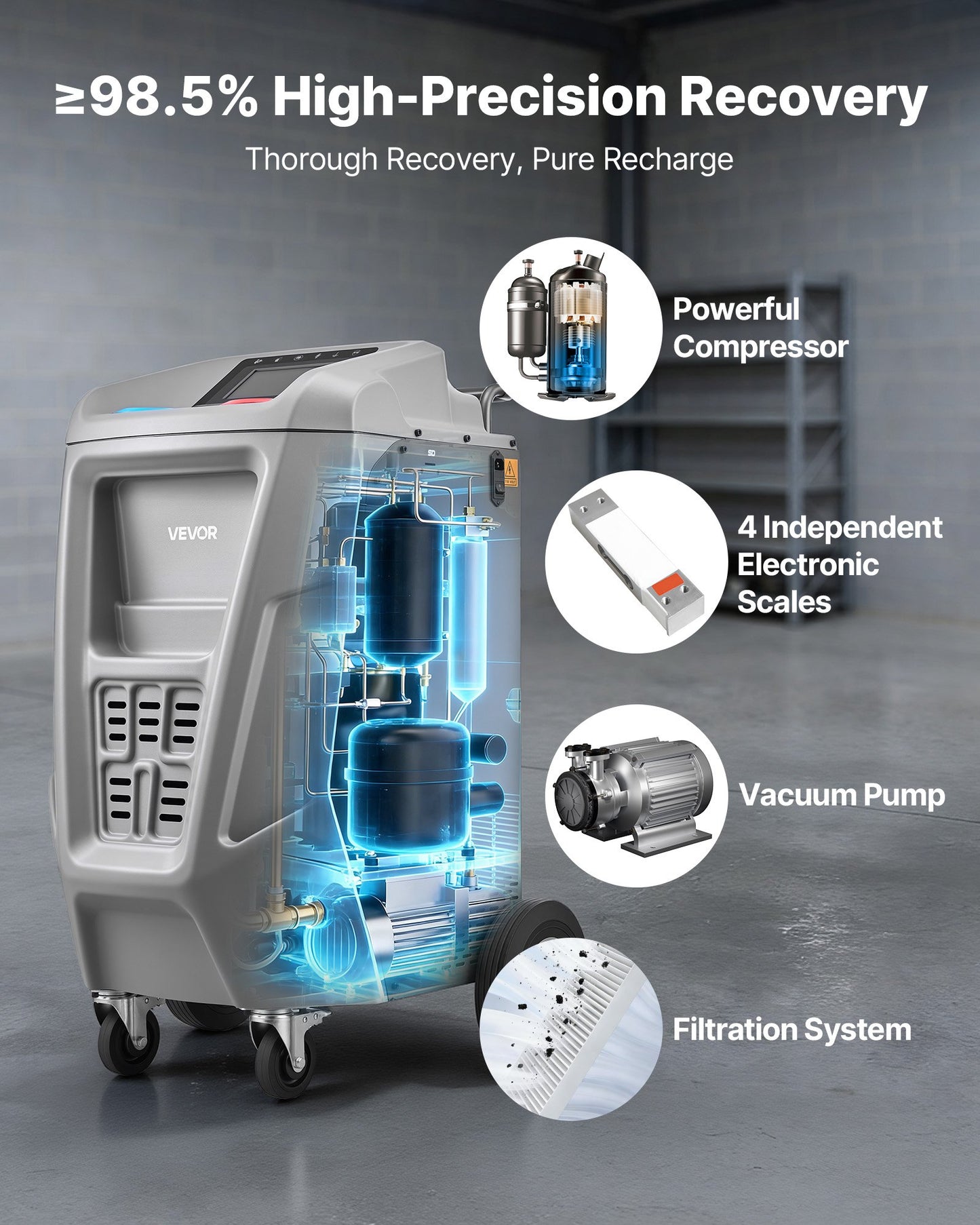 Automatic Refrigerant Recovery Machine for Automotive A/C 1234yf 98.5% Accuracy - Black