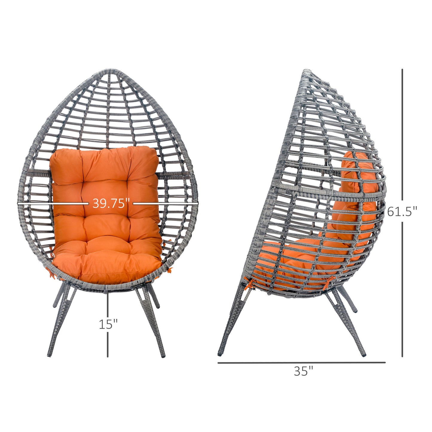 Wicker Egg Chair with Cushion - Teardrop Outdoor/Indoor Seat - Orange