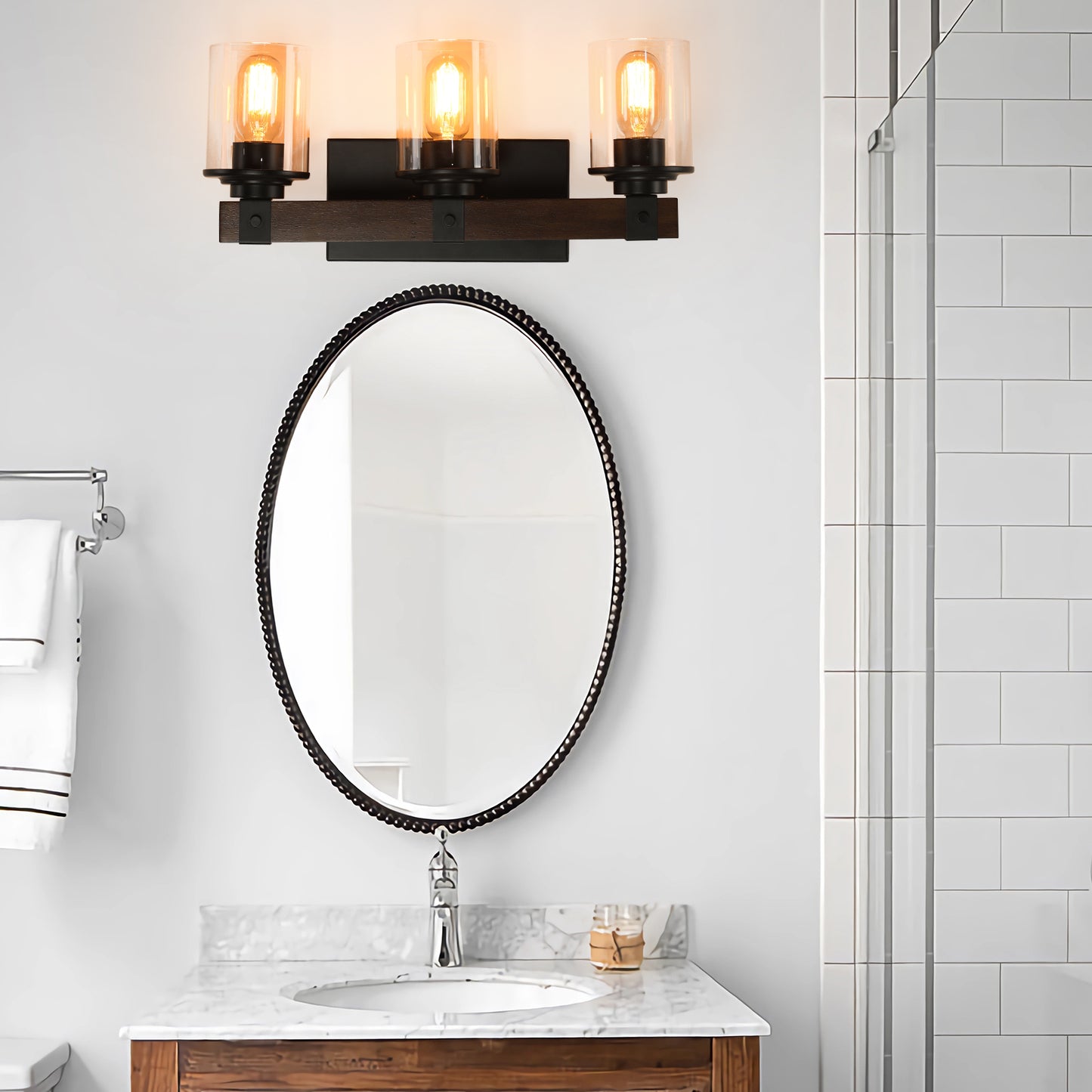Rustic 3-Light Vanity Light Fixture with Glass Shades and Wood Accent