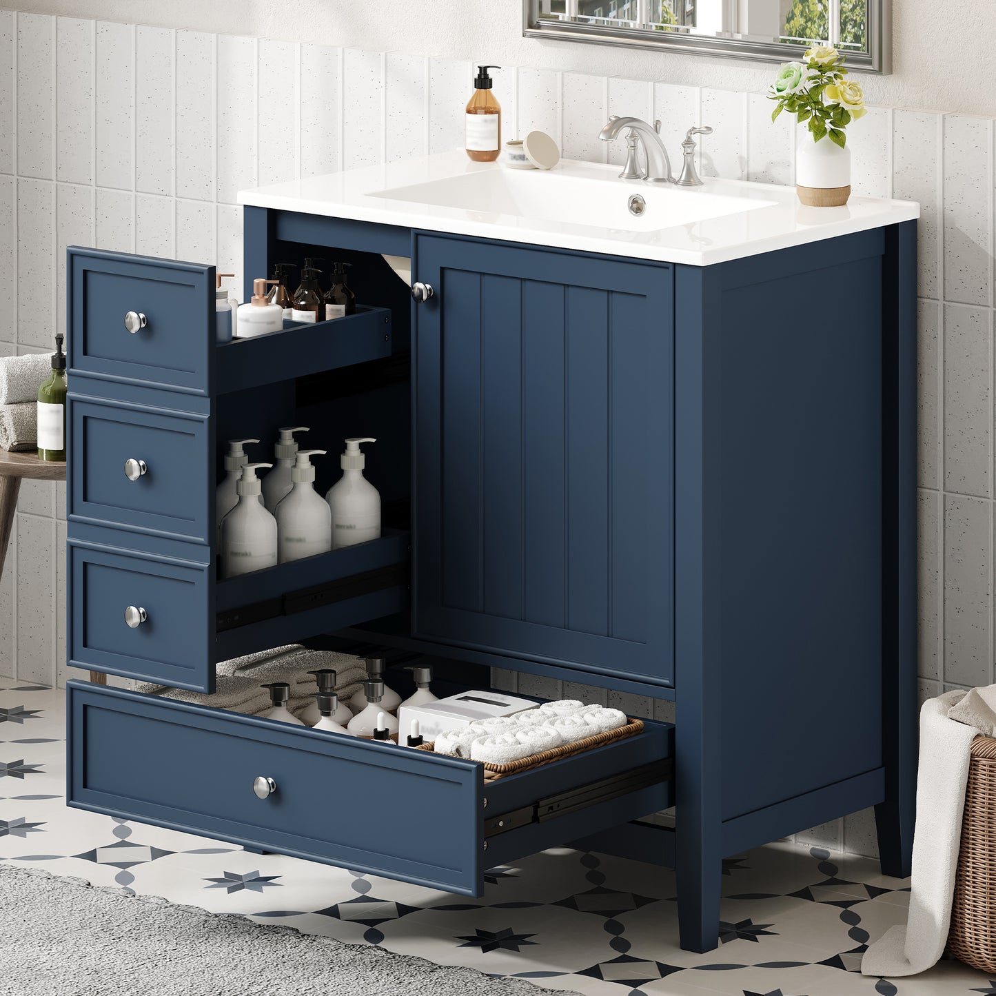 30" Bathroom Vanity with Sink, One Cabinet & Three Drawers - Blue