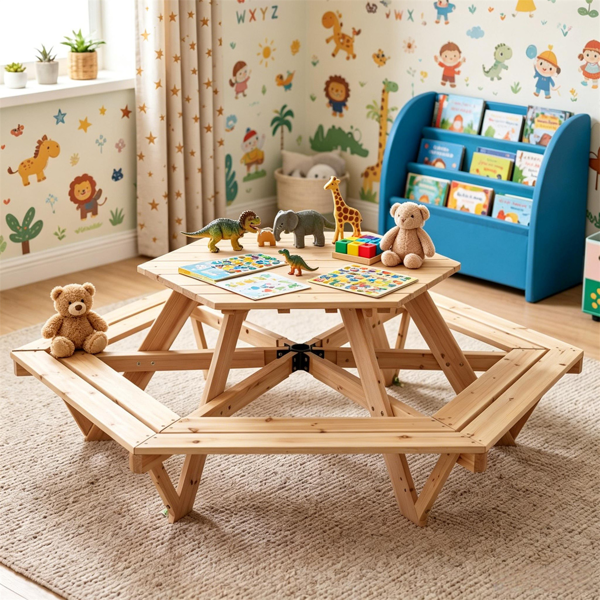 Kids Hexagonal Picnic Table with Umbrella - 6 Seats, Solid Wood Outdoor Set