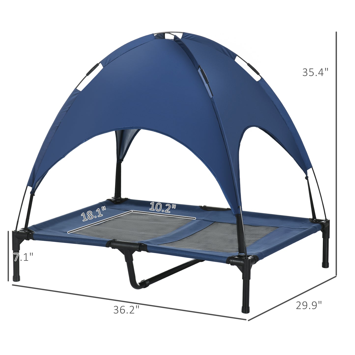 Portable Elevated Dog Bed with UV Canopy - 36 Inch Dark Blue
