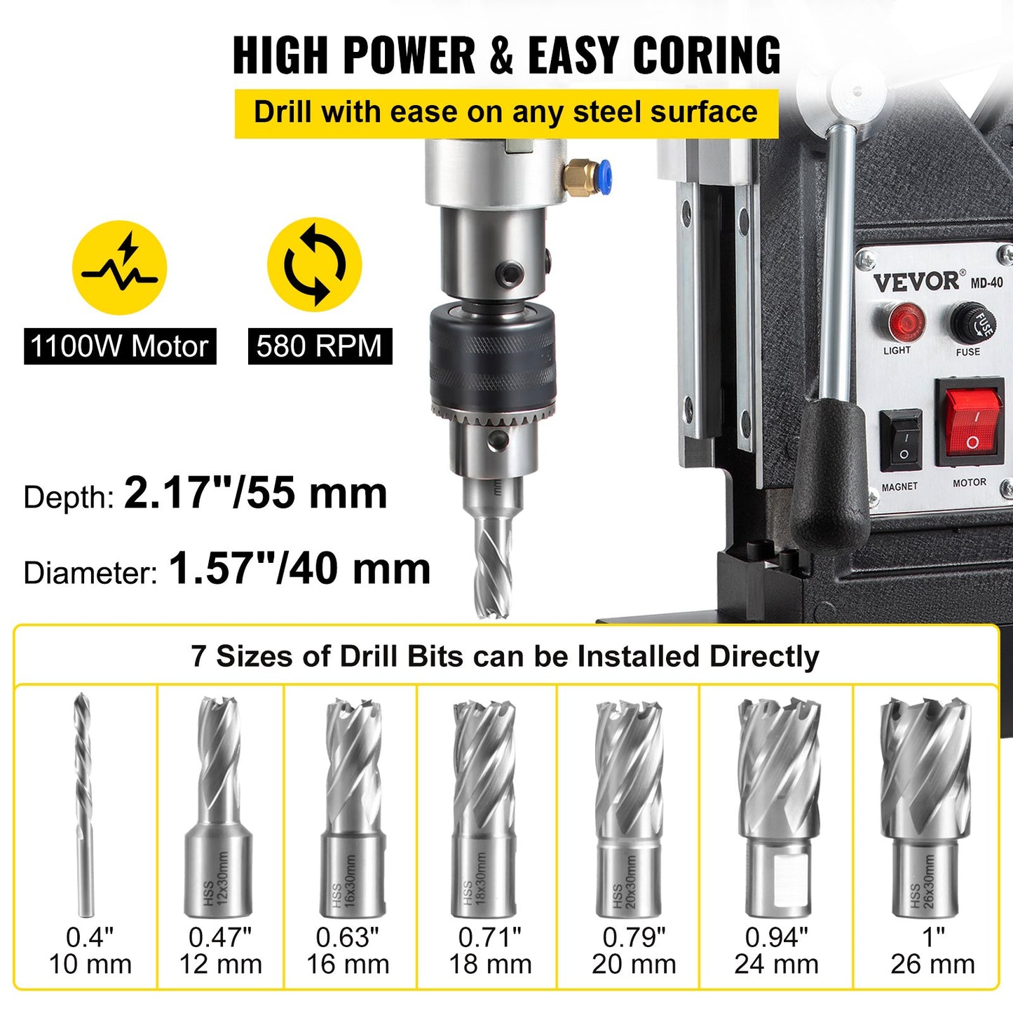 1100W Magnetic Drilling Machine with 7 Bits - Portable Power Drill for Steel & Home Use