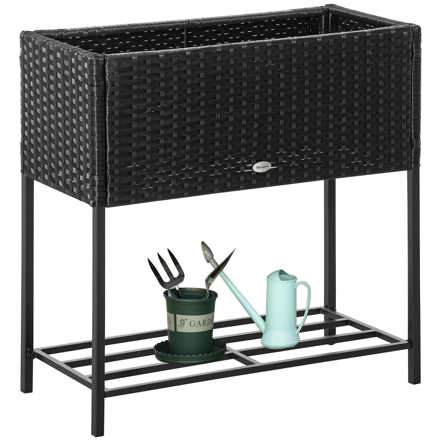 Raised Flower & Vegetable Planter Box with Storage Shelf - Black 730x130x320mm