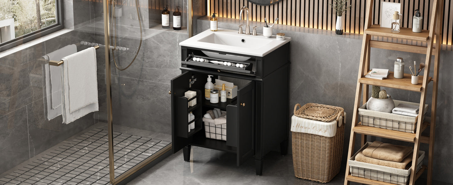24" Black Bathroom Vanity with Soft-Close Doors & Storage