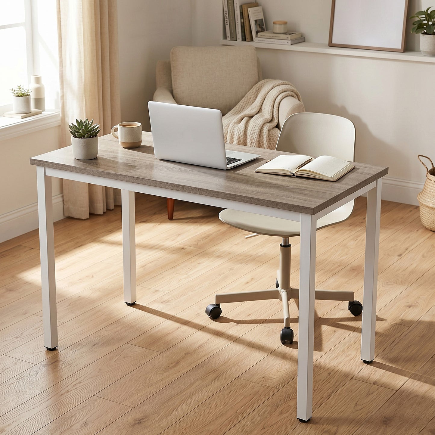 47 Inch Modern Computer Desk - Sturdy Oak and White Workstation