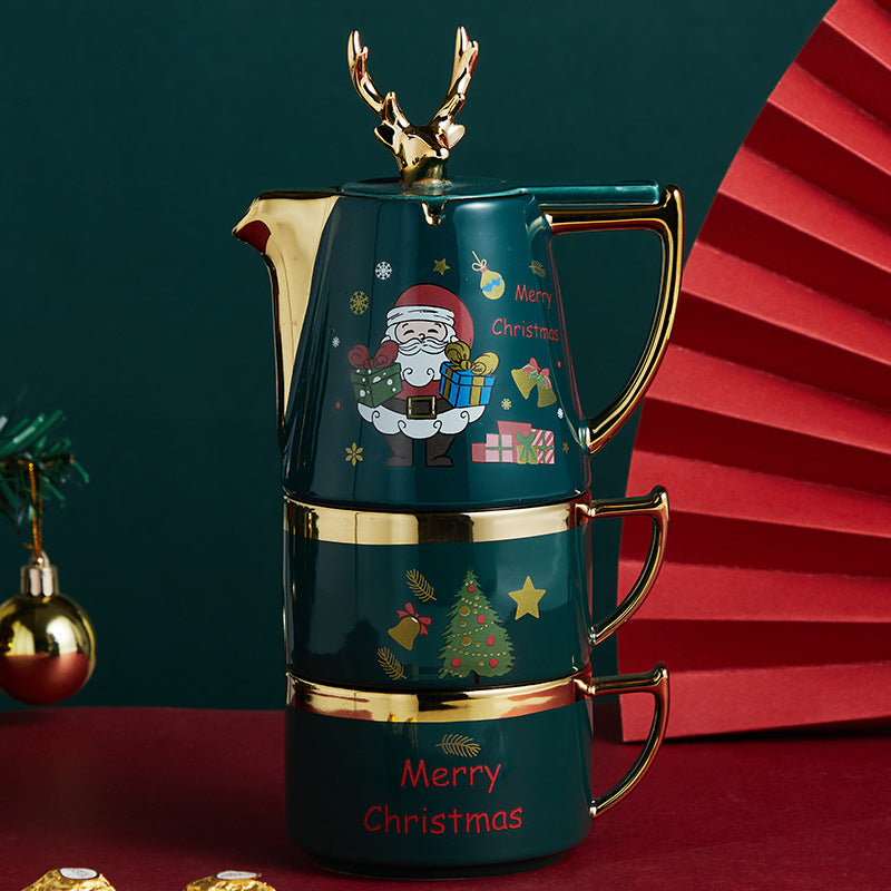 Ceramic Teapot Set with Cups and Plates - Christmas Elk Design, Portable & High-Temperature Resistant