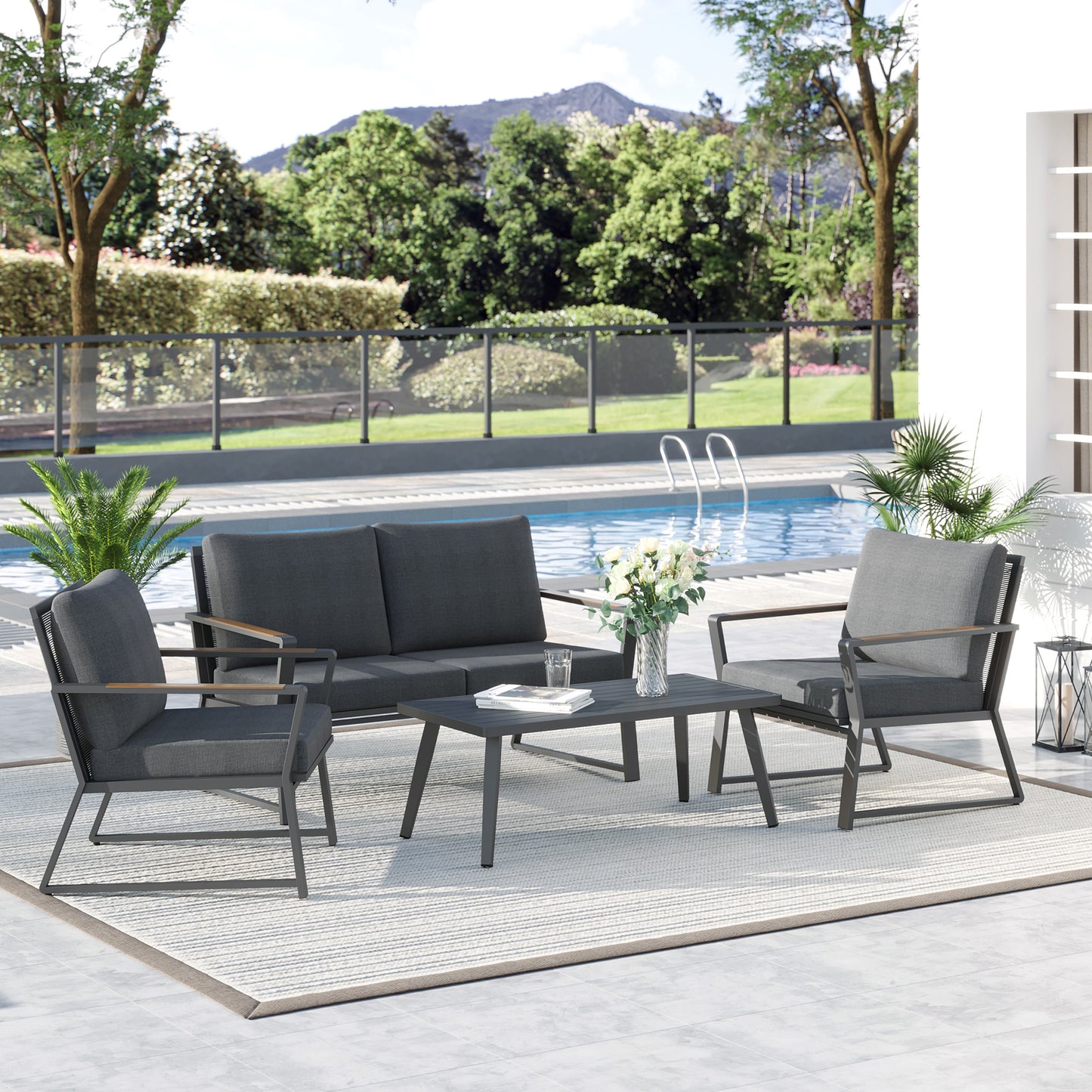 4-Piece Outdoor Furniture Set - Aluminum Sofa & Coffee Table - Dark Grey