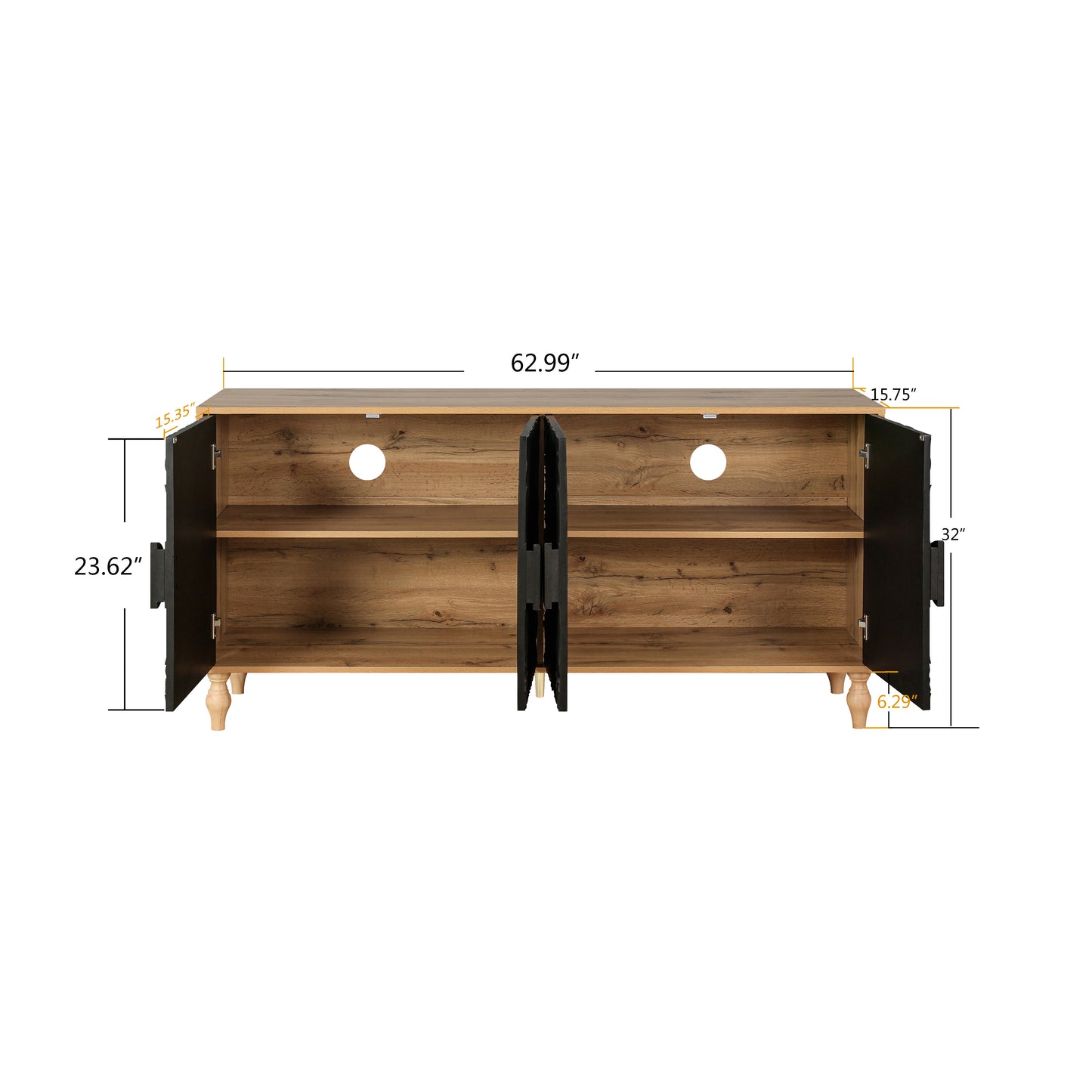 Black Carved Symmetrical Door with Wood-Coloured Frame - TV Stand