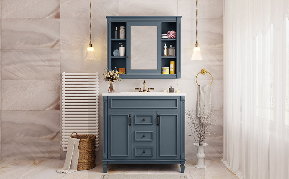 36'' Modern Bathroom Vanity with Blue Sink & Mirror Cabinet