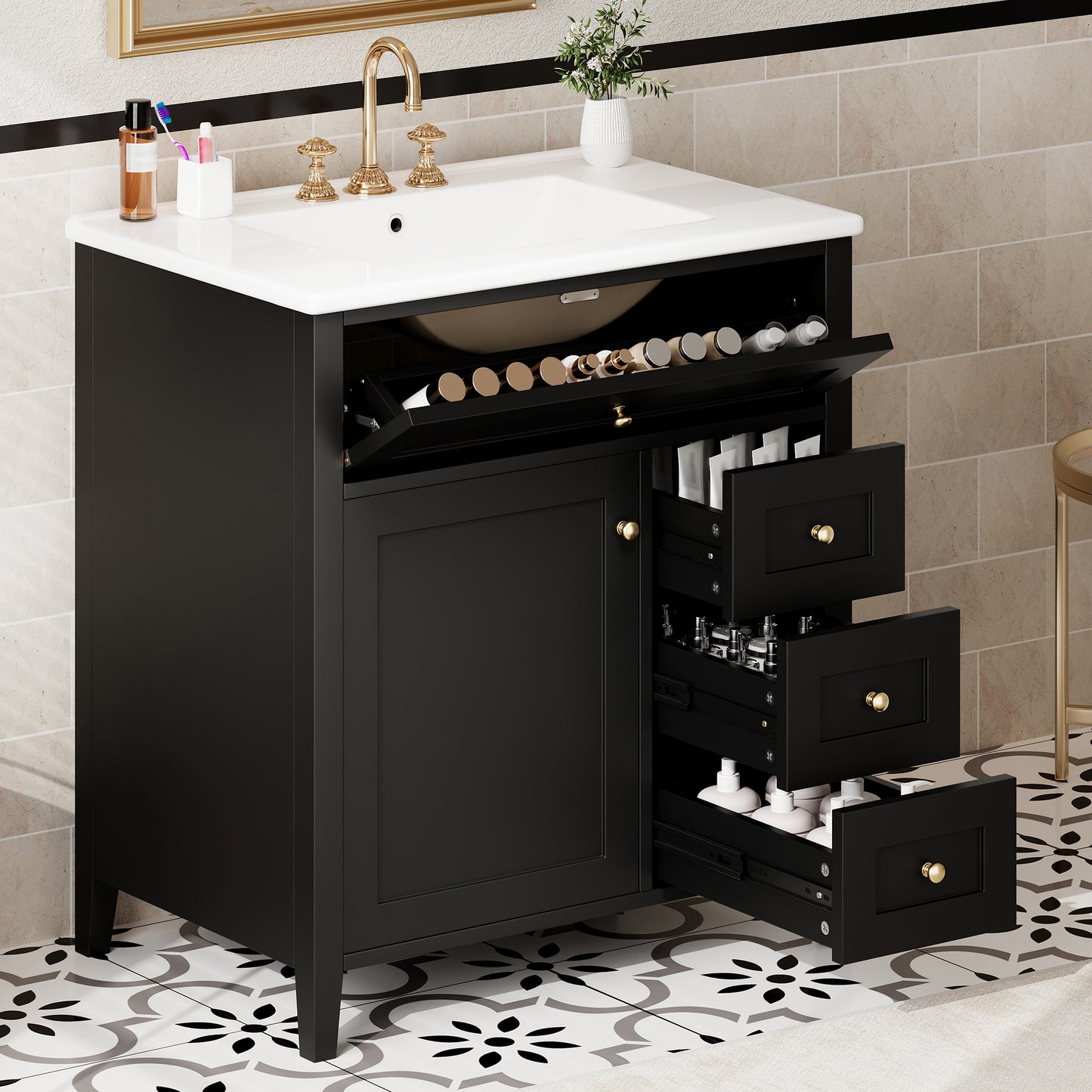 30-Inch Black Bathroom Vanity with Sink and 3 Drawers