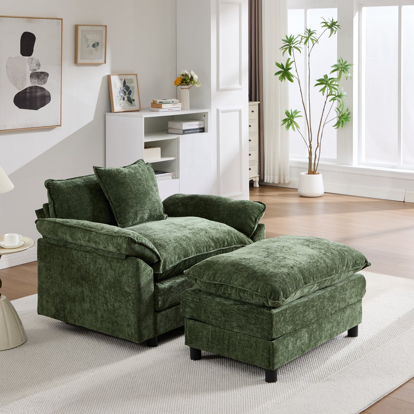 Modern Accent Chair with Ottoman - Green Chenille Upholstered Armchair