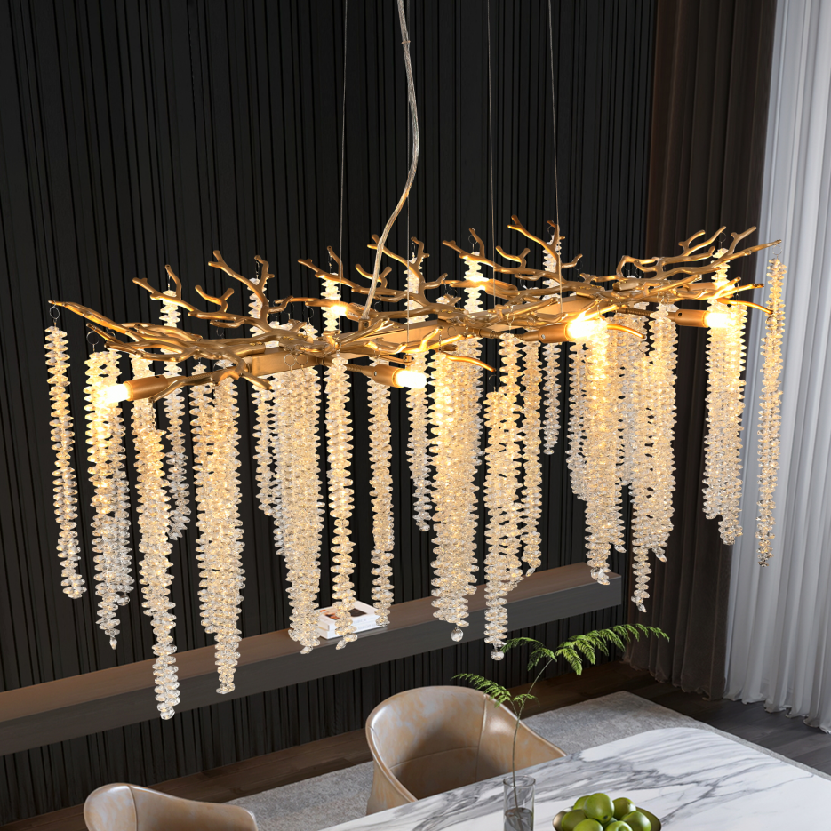 39-Inch Modern Gold Pendant Light with Cascading Crystal Strands - Living & Dining Room Fixture