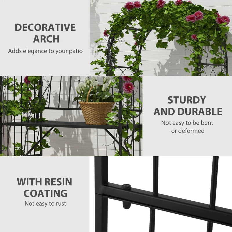 Outdoor Metal Trellis Arbor with Garden Bench for Climbing Plants, Black, 484 lbs Capacity