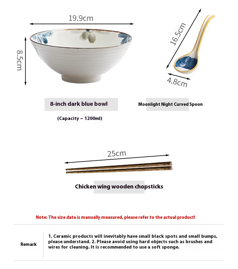 Japanese Style Rain-Hat Shaped Ceramic Ramen Bowl Set - Underglaze Blue