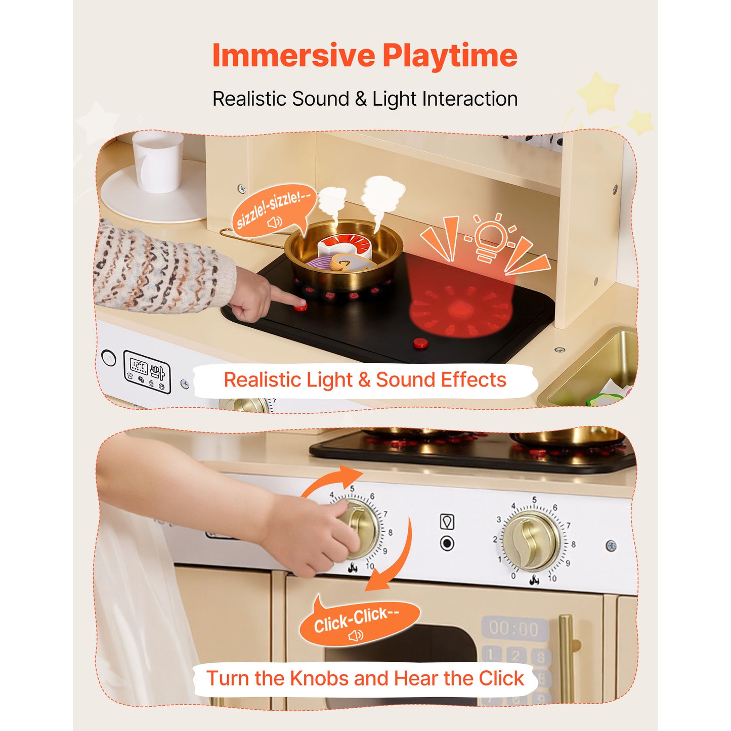 Wooden Play Kitchen Set for Kids with Lights & Sounds - Pretend Food & Cookware