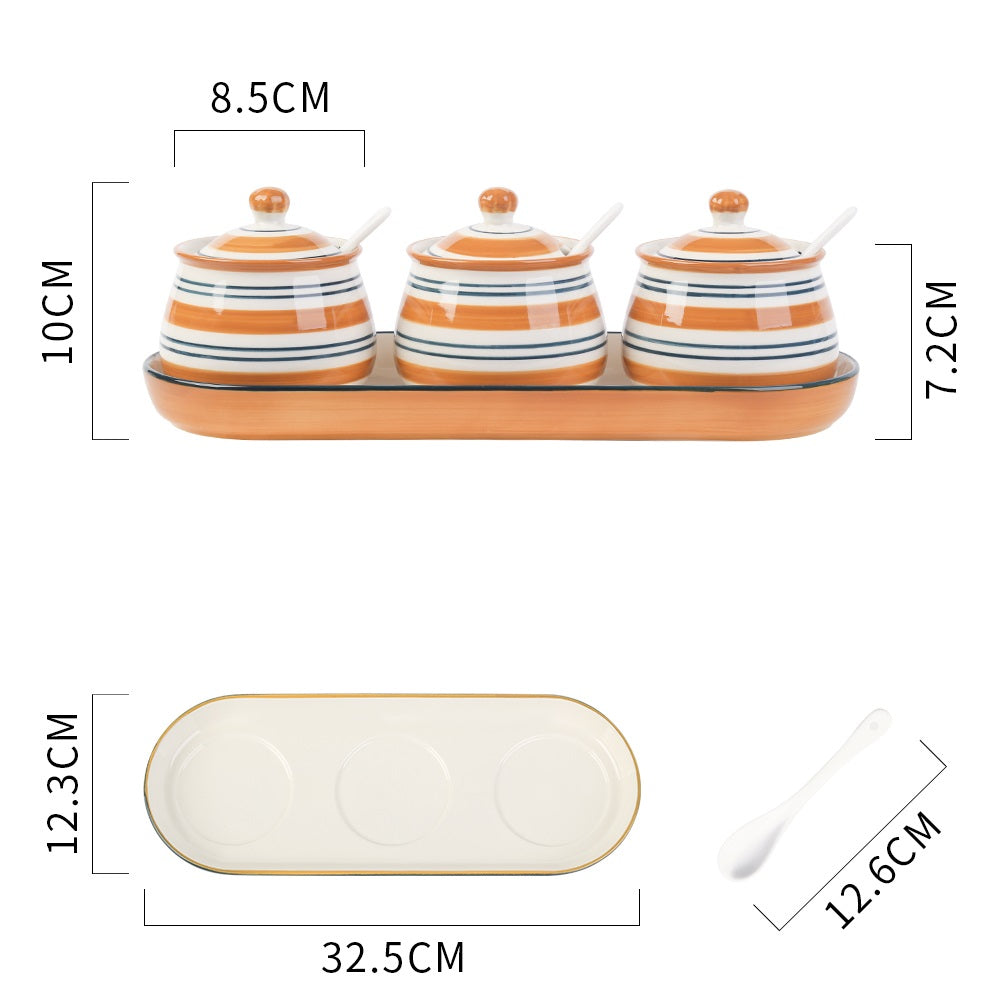 Ceramic Condiment Pot Set with Spoon - Kitchen Tableware, Household