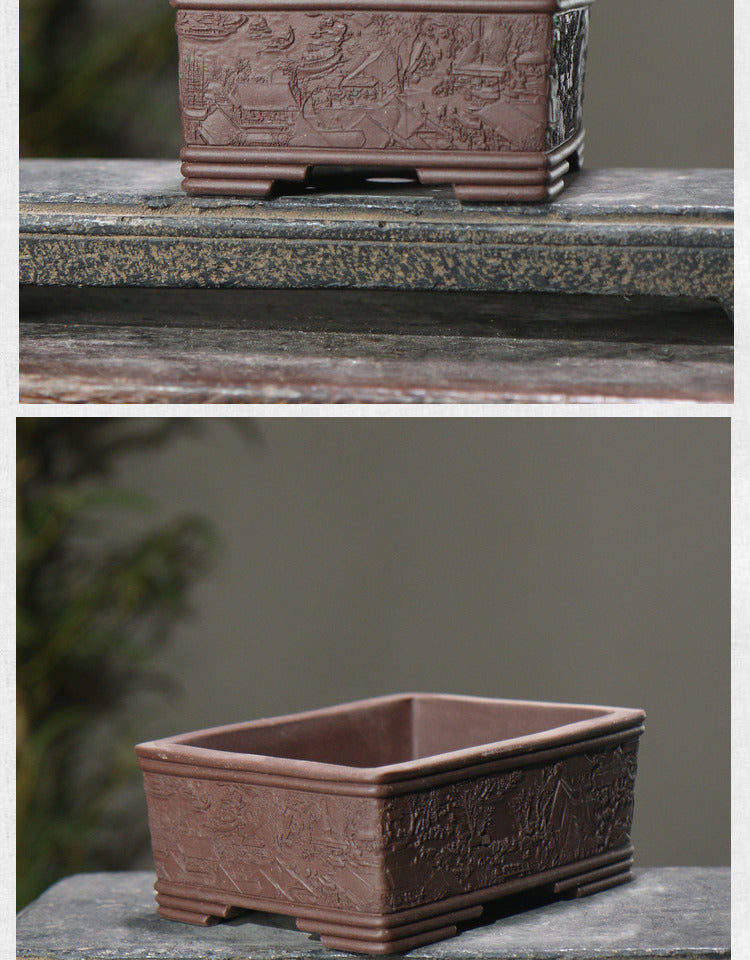 Rotating Rectangular Ceramic Flower Pot Set with Bamboo Basin - Classic Garden Decor