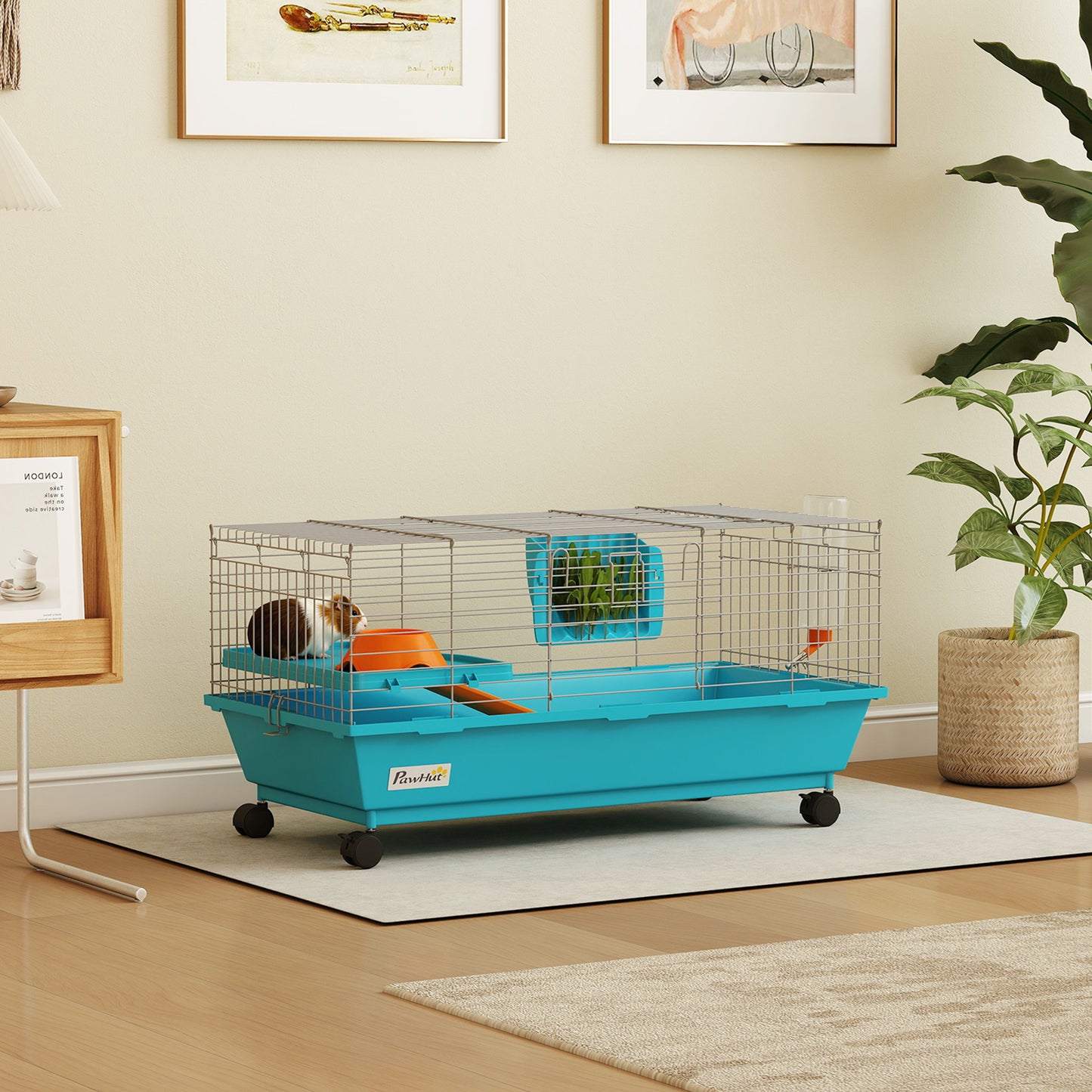 Small Animal Cage with Wheels, Food Dish, Water Bottle & Hay Feeder - Blue, 35 Inches
