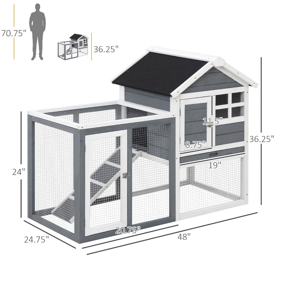 Weatherproof Wooden Rabbit Hutch with Outdoor Run & Slanted Asphalt Roof - Gray