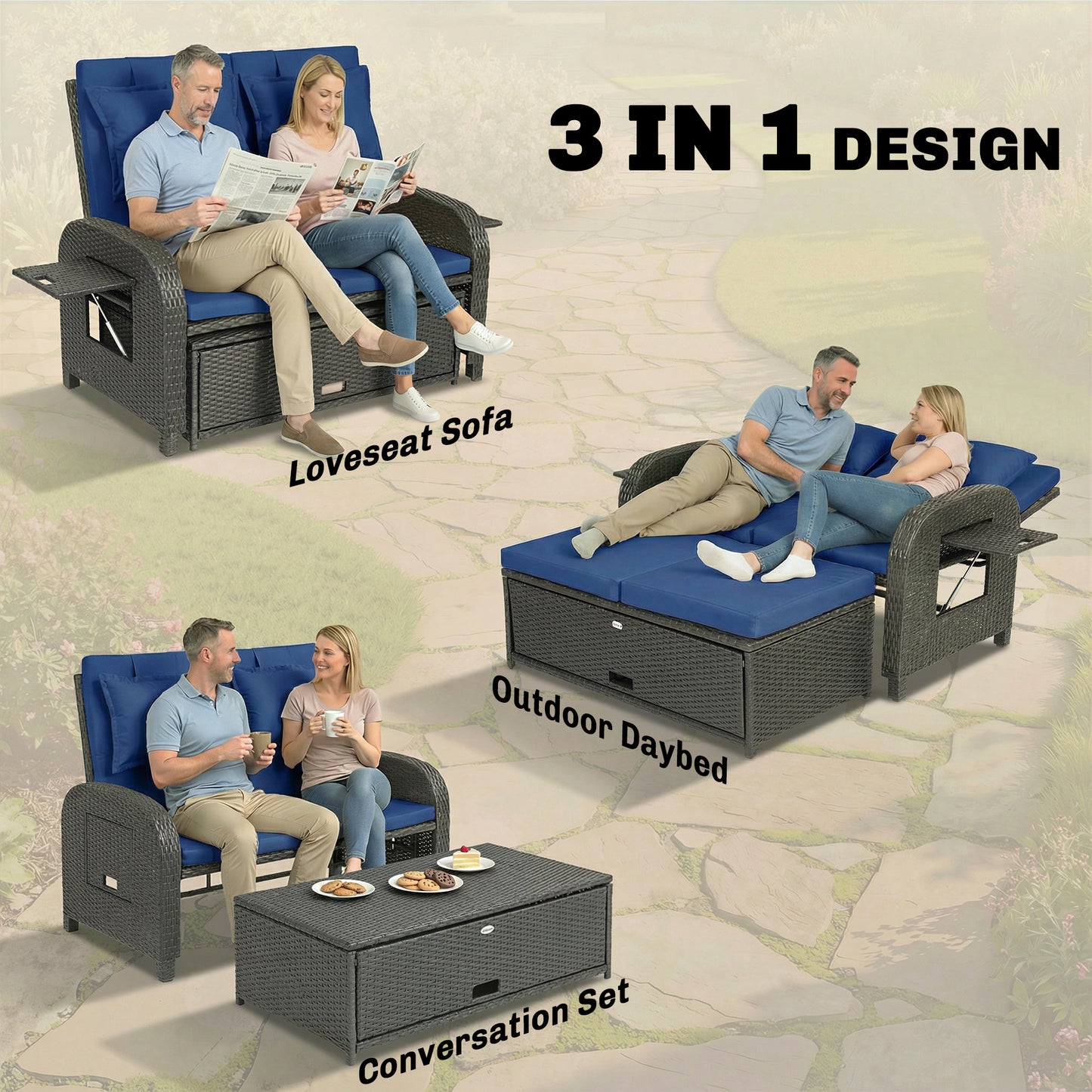 Outdoor Rattan Daybed with Storage Ottoman - Navy Blue