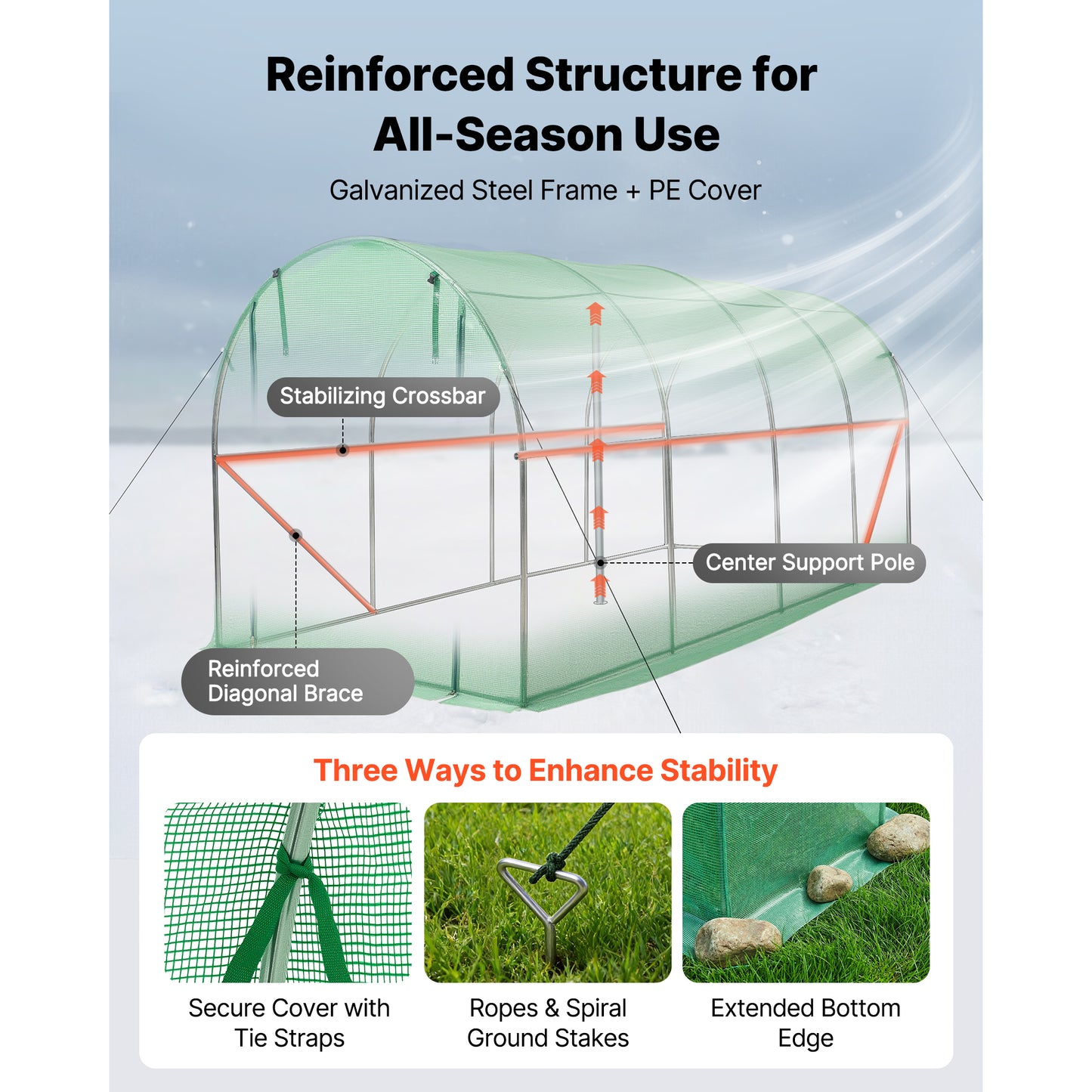 Walk-In Tunnel Greenhouse 15x7x7 ft Steel Frame PE Cover Watering System Roll-Up Door