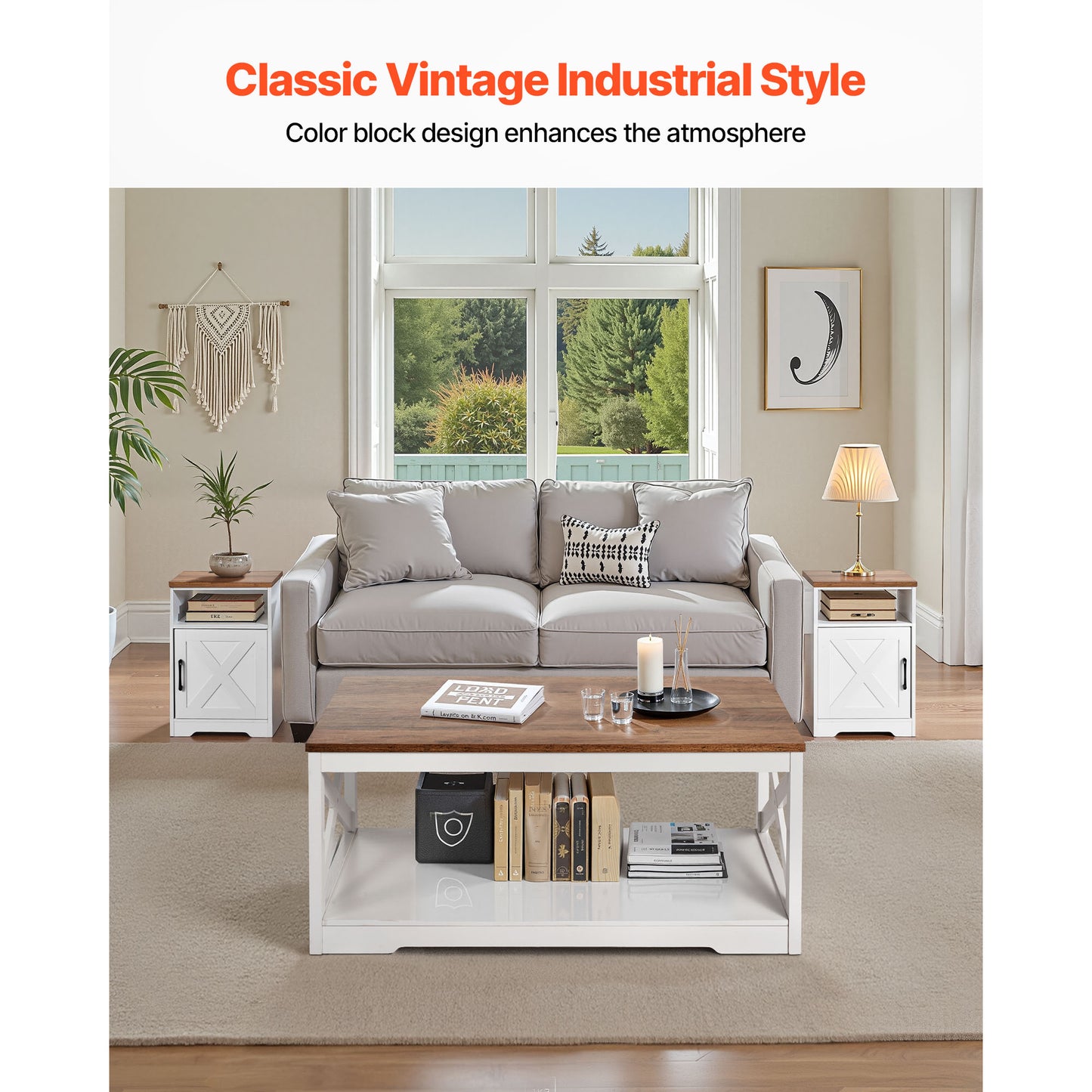 Farmhouse Coffee Table Set with 2 End Tables and Charging Station - 40 Inch Industrial Style, Easy Assembly for Living Room & Office