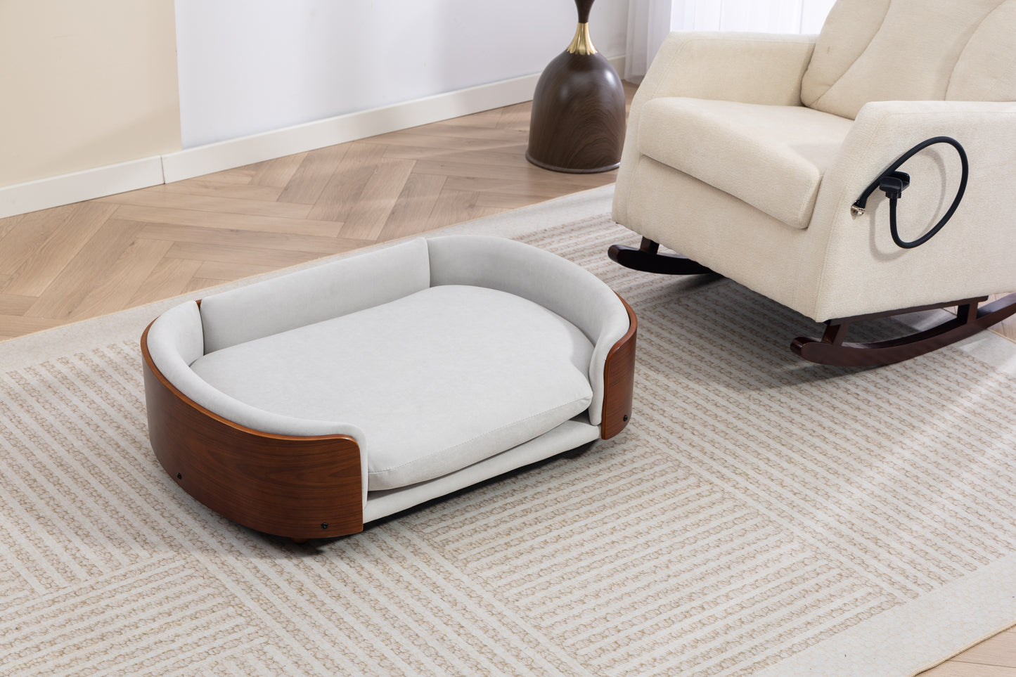 Large Elevated Dog Bed with Velvet Cushion and Solid Wood Legs - Scandinavian Style Pet Sofa