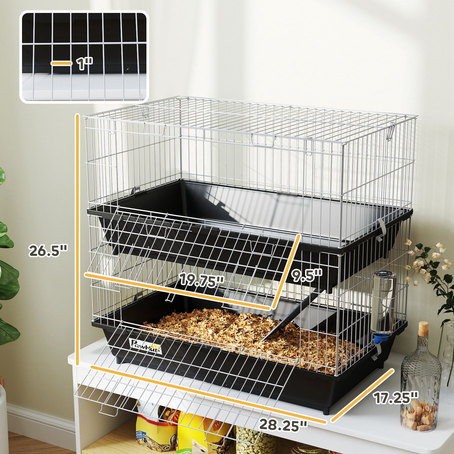 Small Animal Cage 2-Tier with Doors, Trays, Dish, Bottle & Ramp - Black, 750x470x220mm