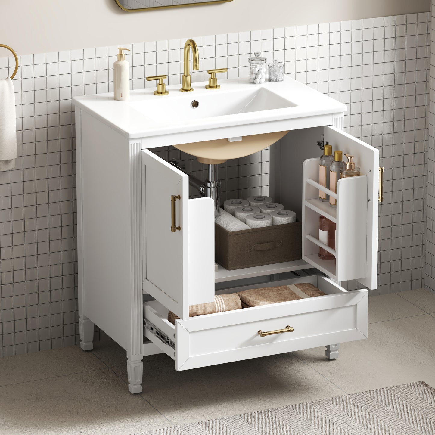 30" Elegant Fluted Bathroom Vanity with Ceramic Sink - White