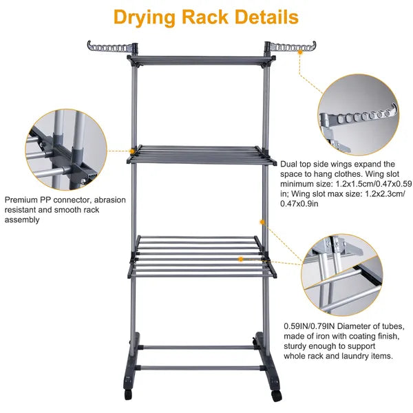 Clothes Drying Rack Rolling Collapsible Laundry Dryer Hanger Stand