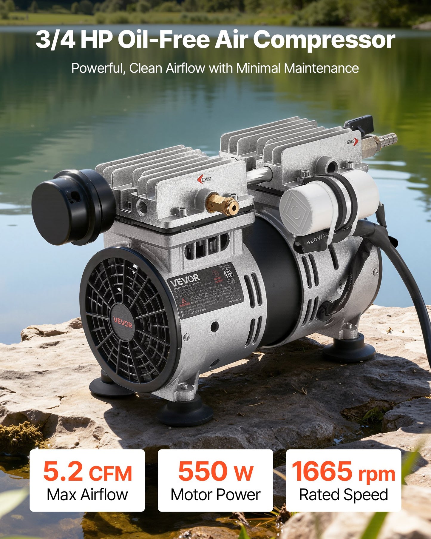 Pond Aerator 5.2CFM 3/4 HP Water Oxygen Pump for Ponds Up to 3 Acres