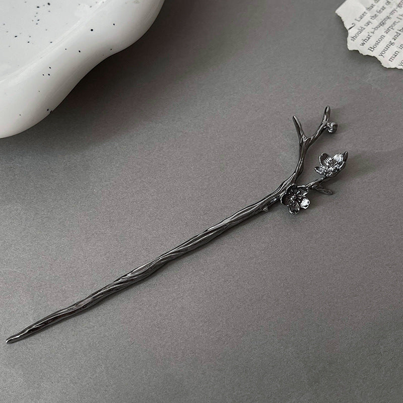 Metal Hairpin Hair Accessories for Women - Chinese Flower Design, Silver & Gun Black