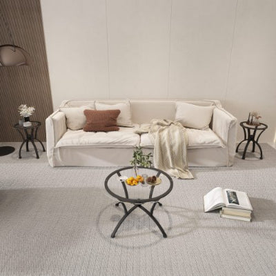 3 Piece Tempered Glass Coffee Table Set with Rustic Black Finish for Living Room