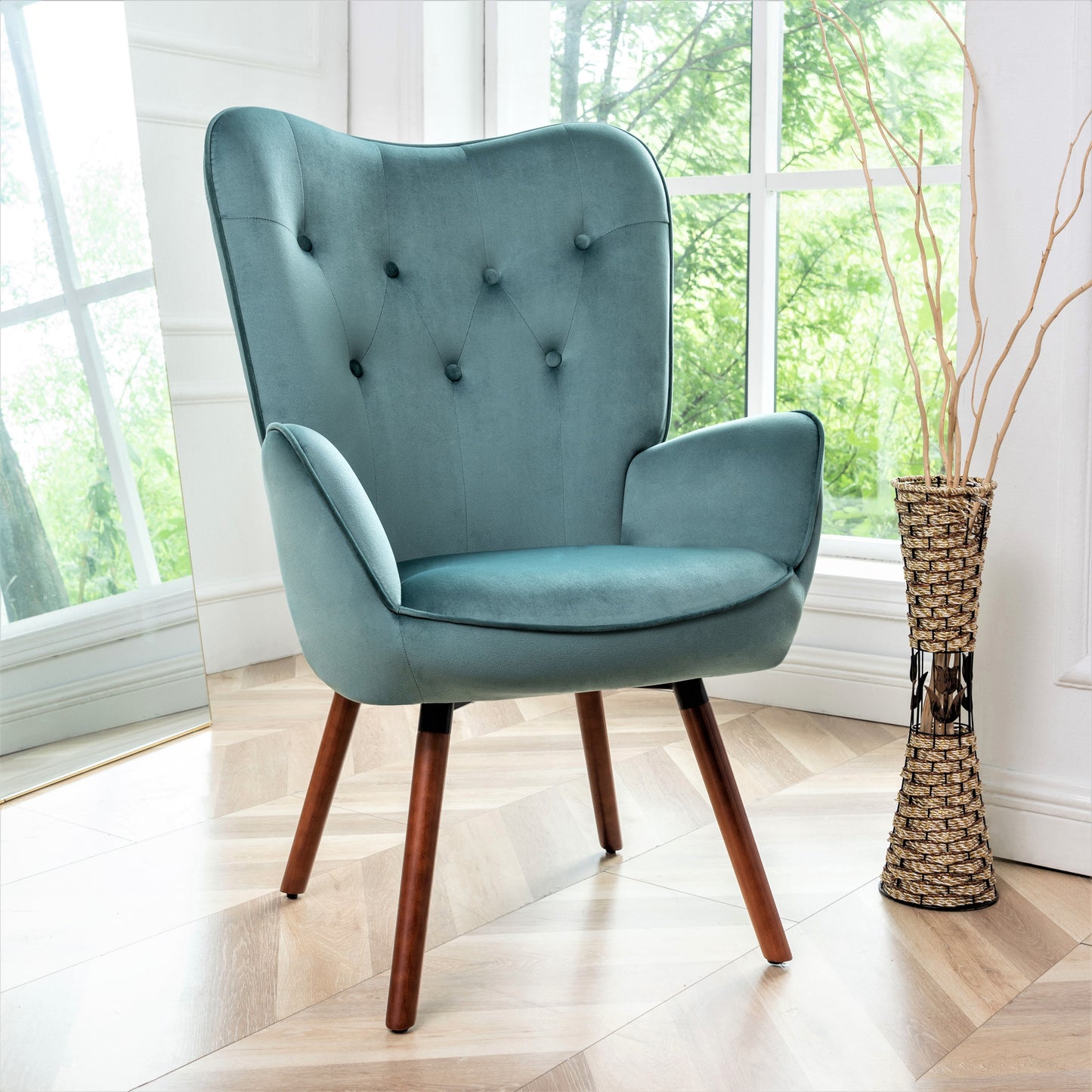 Mid-Century Modern Wingback Accent Chair, Button-Tufted Polyester