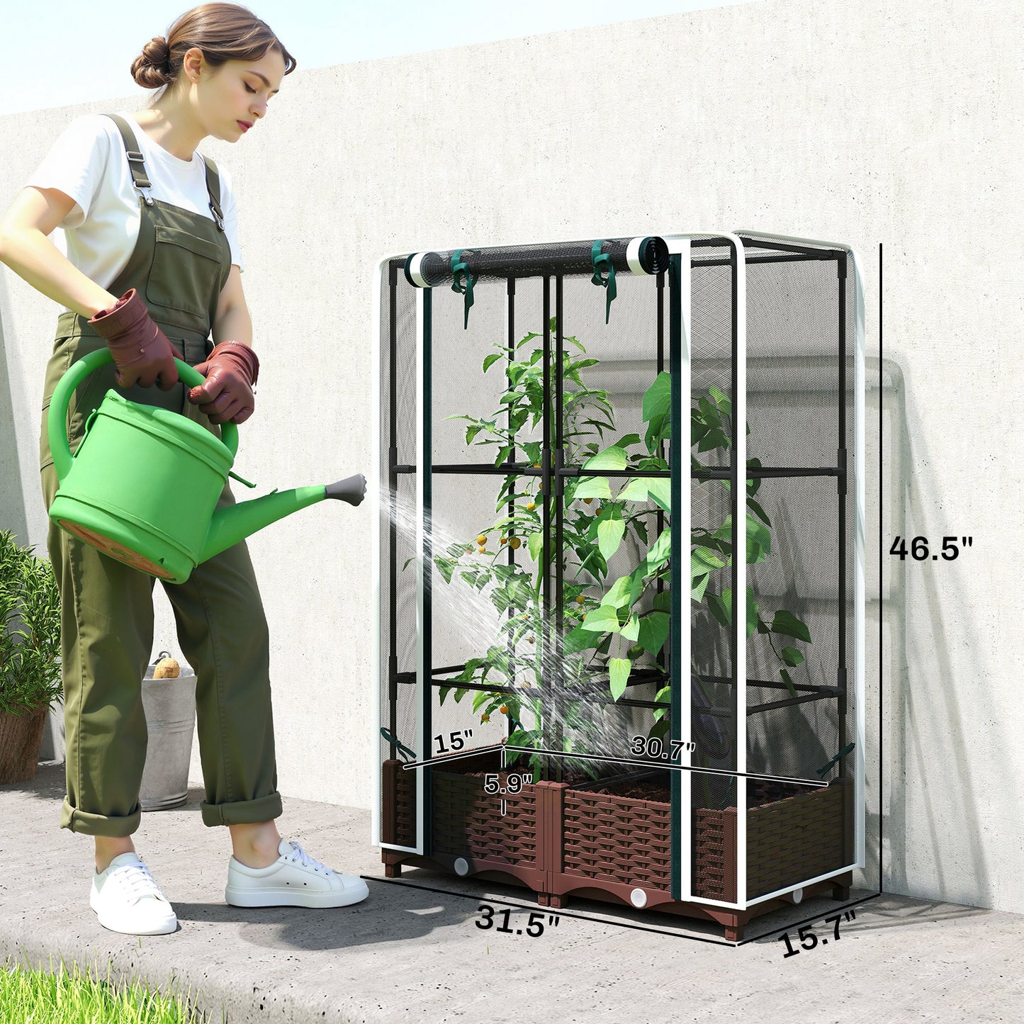 Raised Garden Bed with Trellis and Watering System - White, 46.5 Inches