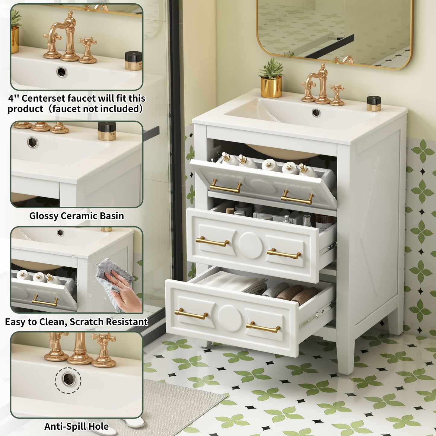 24-Inch Bathroom Vanity with Ceramic Sink Combo - White
