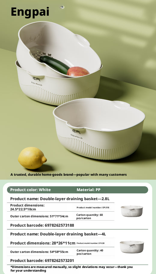Double-Layer Draining Basket Kitchen Storage White 4L - Cloud Dance